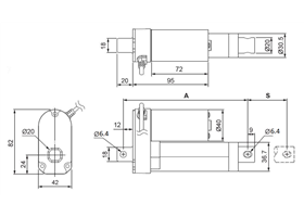 Dimensions of Glideforce LD linear actuators without feedback.  Units are mm.