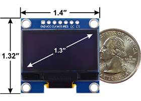 Graphical OLED Display: 128&#215;64, 1.3&quot;, White, SPI, top view with dimensions.