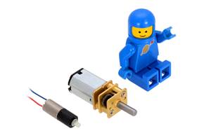 26:1 sub-micro plastic planetary gearmotor next to a micro metal gearmotor and a LEGO Minifigure for size reference.