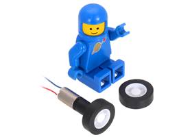 14x4.5mm wheel pair with a sub-micro plastic planetary gearmotor and LEGO Minifigure for size reference.