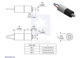 Dimensions of the Sub-Micro Plastic Planetary Gearmotors.  Units are mm over [inches].