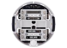 3pi+ 32U4 OLED Robot, bottom view with battery compartment covers removed.