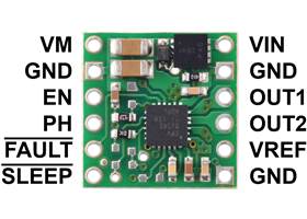 DRV8256E Single Brushed DC Motor Driver Carrier, top view with labeled pinout.