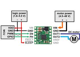 Minimal wiring diagram for connecting a microcontroller to a DRV8256E Single Brushed DC Motor Driver Carrier.