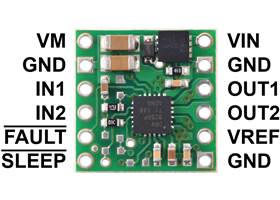 DRV8256P Single Brushed DC Motor Driver Carrier, top view with labeled pinout.