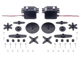 An example of the hardware included with the SpringRC SM-S4303R Continuous Rotation Servo Pair (actual hardware might vary).
