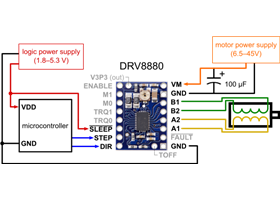 Minimal wiring diagram for connecting a microcontroller to a DRV8880 stepper motor driver carrier (1/8-step mode).