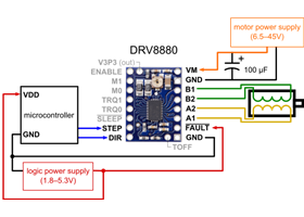 Alternative minimal wiring diagram for connecting a microcontroller to a DRV8880 stepper motor driver carrier (1/8-step mode).