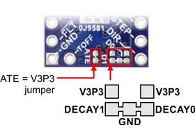 Jumpers for configuring AutoTune and decay modes on the DRV8880 stepper driver carrier.
