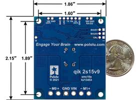 Qik 2s15v9 dual serial motor controller, bottom view with dimensions.