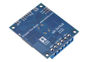 Qik 2s15v9 dual serial motor controller with included hardware soldered in place, bottom view.