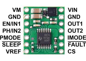 DRV8874 Single Brushed DC Motor Driver Carrier, top view with labeled pinout.