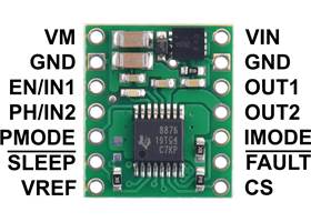 DRV8876 Single Brushed DC Motor Driver Carrier, top view with labeled pinout.