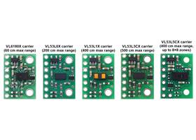 Side-by-side comparison of the VL6180X, VL53L0X, VL53L1X, VL53L3CX, and VL53L5CX Time-of-Flight Distance Sensor Carriers.