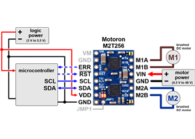 Typical wiring diagram for connecting a microcontroller to a Motoron M2T256 Dual I²C Motor Controller.