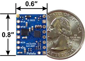 Motoron M2U256 Dual Serial Motor Controller, bottom view with dimensions.