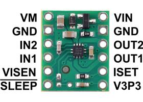 MP6550 Single Brushed DC Motor Driver Carrier, top view with labeled pinout.