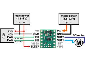 Minimal wiring diagram for connecting a microcontroller to a MP6550 Single Brushed DC Motor Driver Carrier.