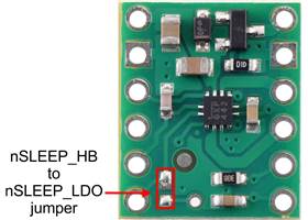 nSLEEP_HB to nSLEEP_LDO jumper on the MP6550 Single Brushed DC Motor Driver Carrier.