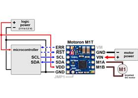 Typical wiring diagram for connecting a microcontroller to a Motoron M1T256/M1T550 Single I²C Motor Controller.