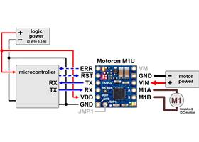 Typical wiring diagram for connecting a microcontroller to a Motoron M1U256/M1U550 Single Serial Motor Controller.
