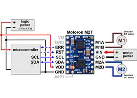 Typical wiring diagram for connecting a microcontroller to a Motoron M2T256/M2T550 Dual I²C Motor Controller.