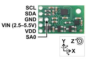MinIMU-9 v6 gyro, accelerometer, and compass pinout.
