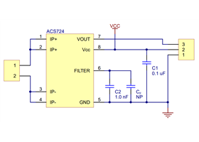 Schematic diagram of the ACS724 Current Sensor Carrier.