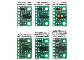 Comparison of the VL6180X, VL53L0X, VL53L1X, VL53L3CX, VL53L5CX, and VL53L7CX Time-of-Flight Distance Sensor Carriers.