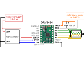 Minimal wiring diagram for connecting a microcontroller to a DRV8434 stepper motor driver carrier (1/128-step mode, smart tune dynamic decay mode).