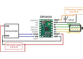Alternative minimal wiring diagram for connecting a microcontroller to a DRV8434 stepper motor driver carrier (1/128-step mode, smart tune dynamic decay mode).