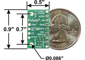 VL53L8CX Time-of-Flight 8x8-Zone Distance Sensor Carrier, bottom view with dimensions.