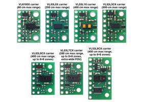 Comparison of the VL6180X, VL53L0X, VL53L1X, VL53L3CX, VL53L5CX, VL53L7CX, and VL53L8CX Time-of-Flight Distance Sensor Carriers.
