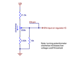 Schematic diagram of the enable (EN) circuit on the 4.2-15V Fine-Adjust Step-Down Voltage Regulator w/ Adjustable Low-Voltage Cutoff D30V3xMASCMA.