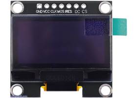 Graphical OLED Display: 128&#215;64, 1.3&quot;, White Pixels, SPI, Black PCB shown as it ships with protective film covering.