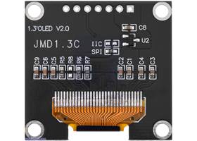 Graphical OLED Display: 128&#215;64, 1.3&quot;, White Pixels, SPI, Black PCB, bottom view.