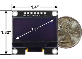 Graphical OLED Display: 128&#215;64, 1.3&quot;, White Pixels, SPI, Black PCB, top view with dimensions.