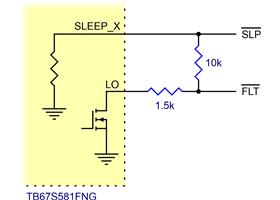 Schematic of SLP (SLEEP_X) and FLT (LO) pins on the TB67S581FNG carrier.