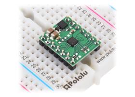 TB67H453FTG (QFN) Single Brushed DC Motor Driver Carrier in a solderless breadboard (headers not included).