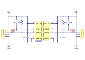 Schematic diagram of the Pololu I²C Isolator, ISO1640.