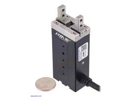 RobustMotion RM-EGB Series 24VDC Compact Finger Gripper, 16D, Simple PNP Interface (RM-EGB-06H-16D-1-D0200-P) with US quarter for size reference.