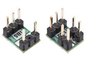 Two options for soldering 0.1″ male headers to the current path pins of the ACS37041 Current Sensor Micro Carriers (header pins not included).