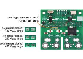 Voltage measurement range jumpers on the ACS37800KMACTR-030B3-I2C Power Monitor Carrier with Secondary I²C Isolation.