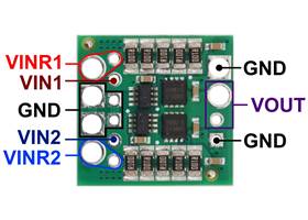 Pinout of the Pololu Power ORing Ideal Diode Pair, 4-60V, 6A.