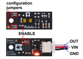 Pinout and configuration jumper locations of the Pololu Digital Distance Sensor with Side-Entry Connector.