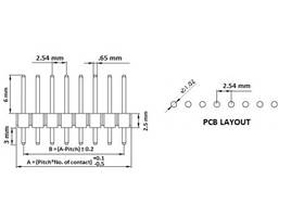 Dimension diagram of 0.100&quot; (2.54 mm) breakaway male header, straight, single-row.