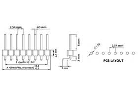 Dimension diagram of 0.100&quot; (2.54 mm) breakaway male header, right-angle, single-row.