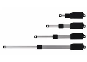 Glideforce GF01 Micro Linear Actuators, fully extended; stroke lengths from top to bottom: 10mm, 30mm, 50mm, and 100mm.