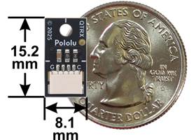 QTRX/QTRXL-MD-01RC-S Reflectance Sensor, connector view with basic dimensions and a US quarter for size reference.