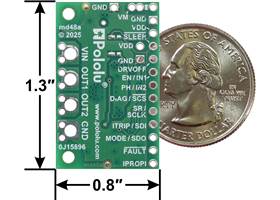 DRV8263H Single Brushed DC Motor Driver Carrier, bottom view with basic dimensions and a US quarter for size reference.
